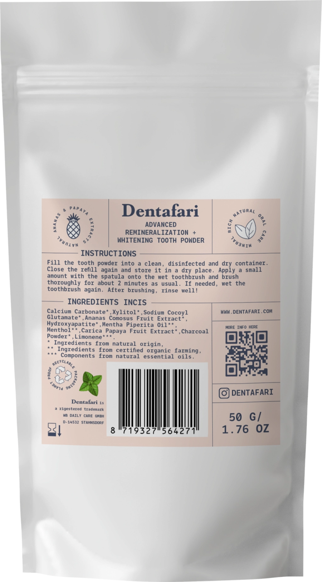 Dentafari Advanced Remineralization & Whitening Tooth Powder Crisp Mint - 50 g