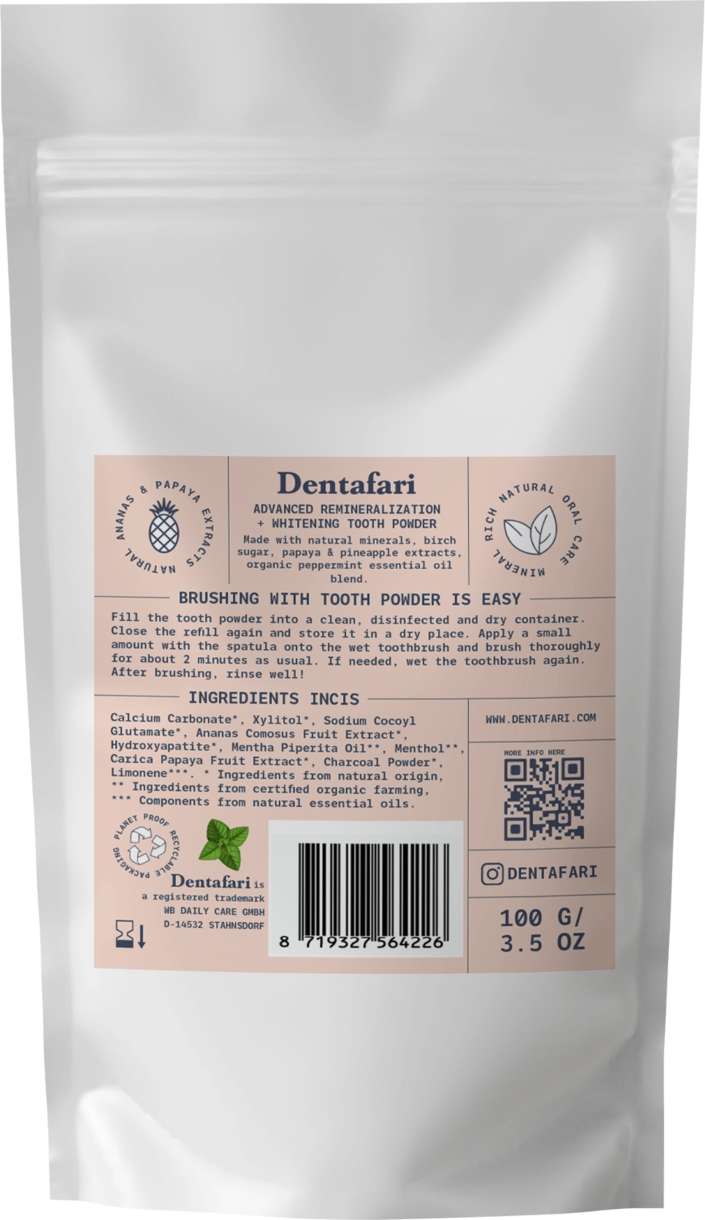 Dentafari Advanced Remineralization & Whitening Tooth Powder Crisp Mint - 100 g