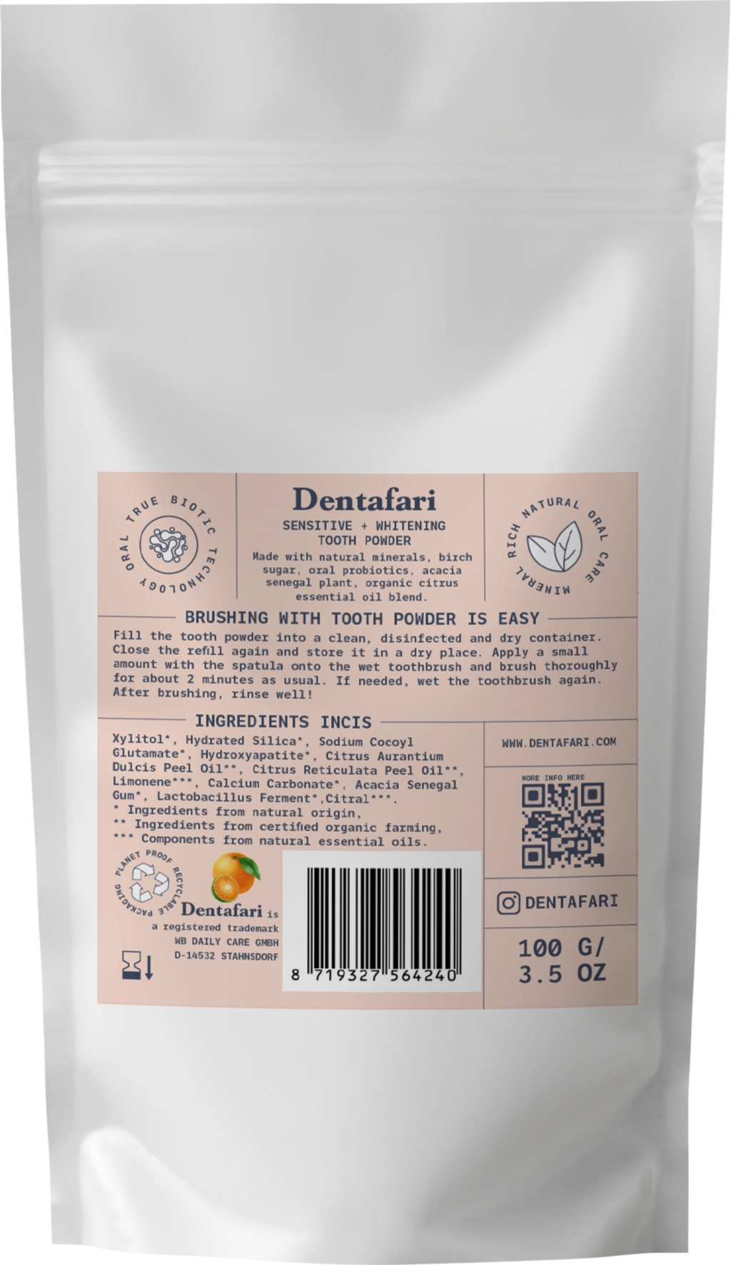 Dentafari Sensitive & Whitening Tooth Powder Orange & Mandarin - 100 g