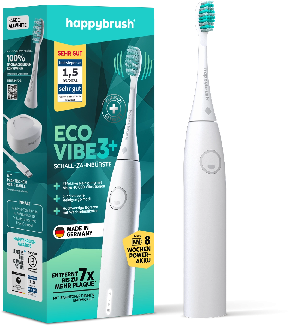 happybrush ECO VIBE 3+ Schallzahnbürste Weiß-Mint - 1 Set