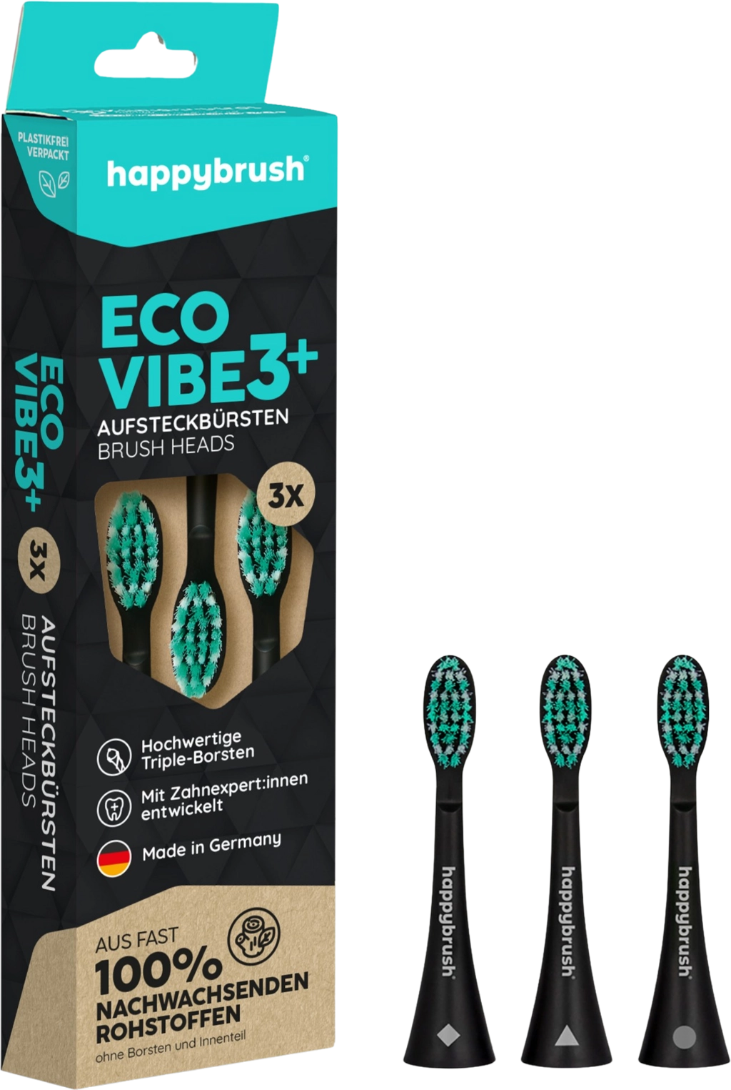 happybrush ECO VIBE 3+ Aufsteckbürsten Schwarz-Mint - 1 Set