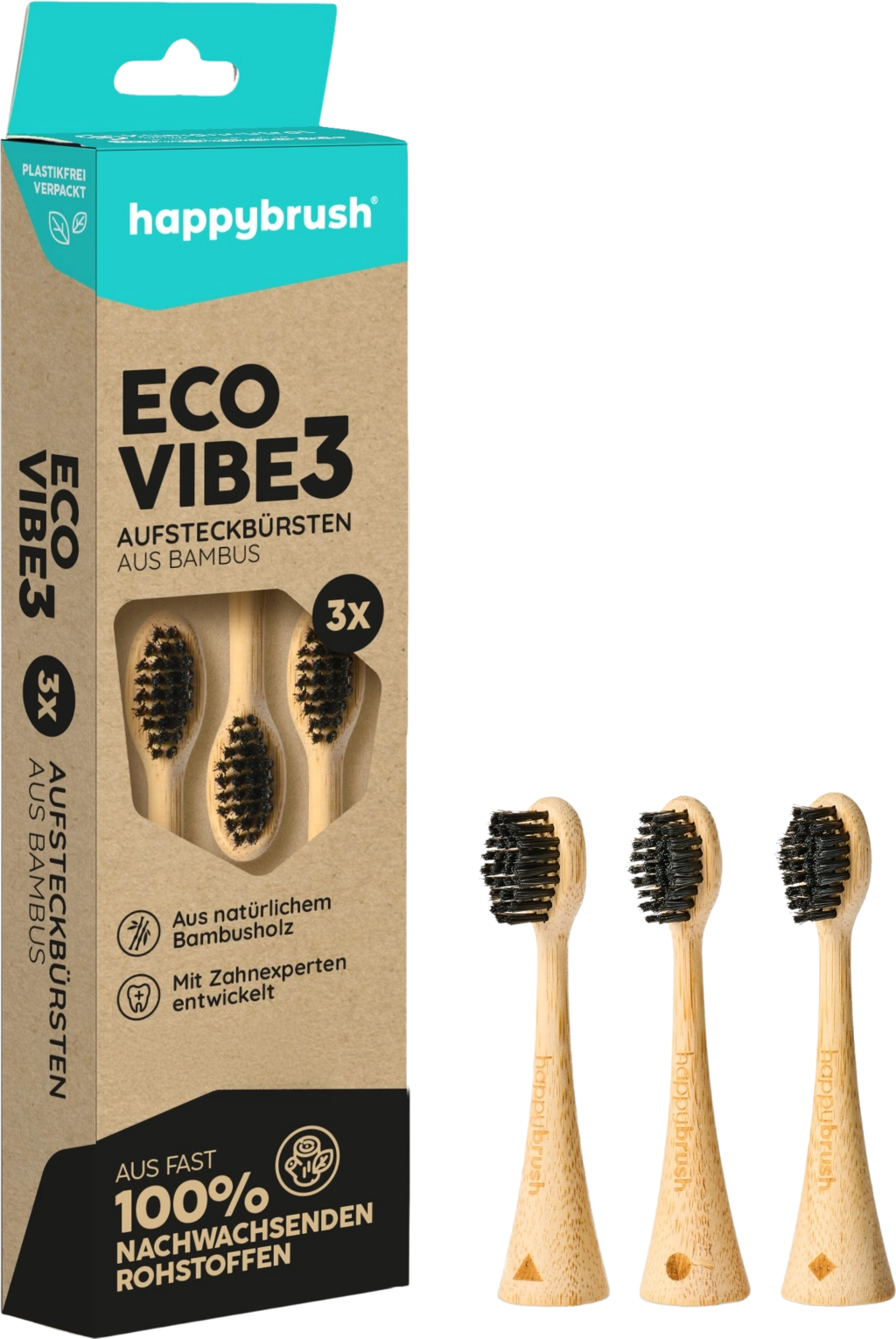 happybrush ECO VIBE 3 Aufsteckbürsten Bambus - 1 Stk