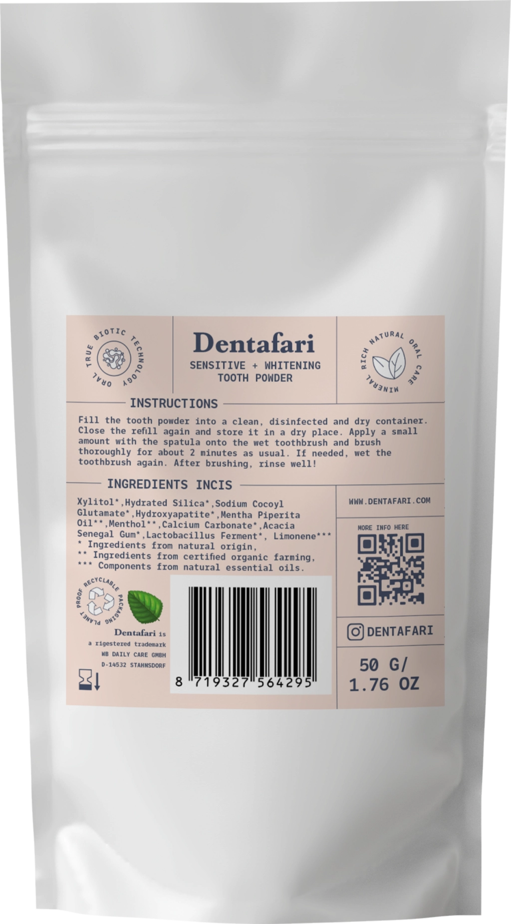 Dentafari Sensitive & Whitening Tooth Powder Soothing Mint - 50 g