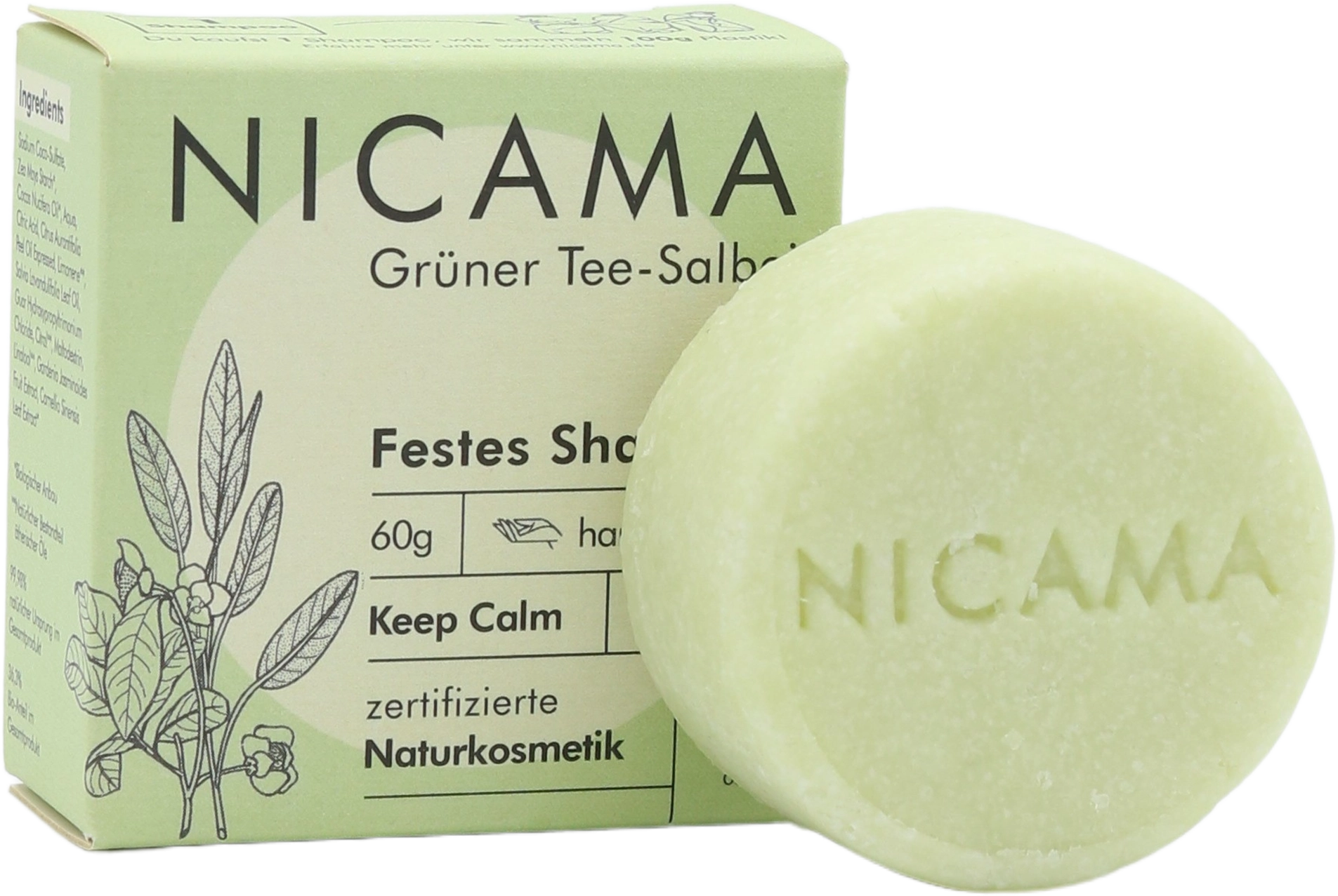NICAMA Festes Shampoo Grüner Tee - Salbei - 60 g