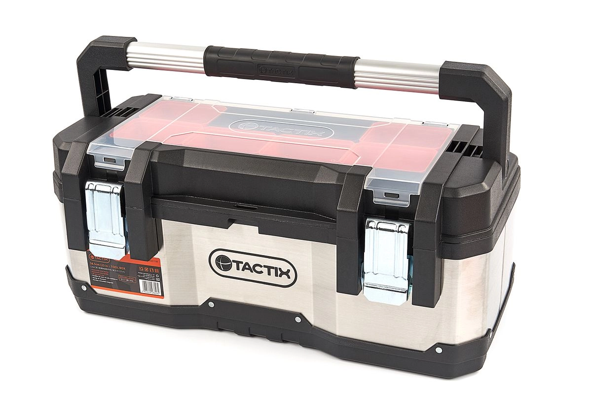 Tactix Professional Werkzeugkoffer aus Edelstahl mit herausnehmbaren Ablagefächern