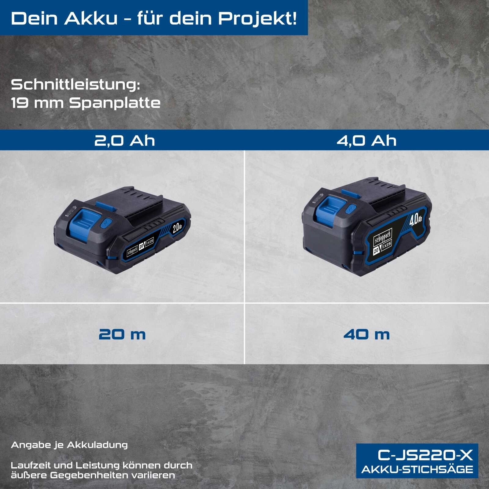 Akku-Stichsäge C-JS220-X Scheppach | Hublänge 19mm| Hubzahl 0-2400 min-1 | 7 einst. Schnittwinkel