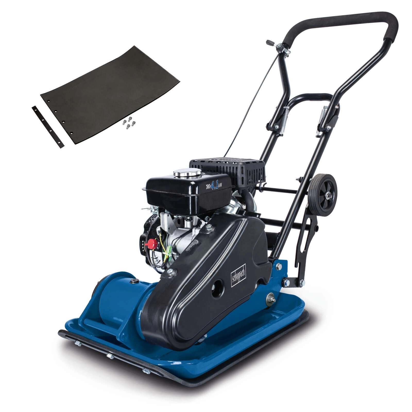 Benzin Rüttelplatte HP1900S Scheppach - 5,6PS | 11kN Verdichtungsdruck | 25cm Verdichtungstiefe | 25m/min Vorlauf | inkl. Gummimatte & Fahrvorrichtung