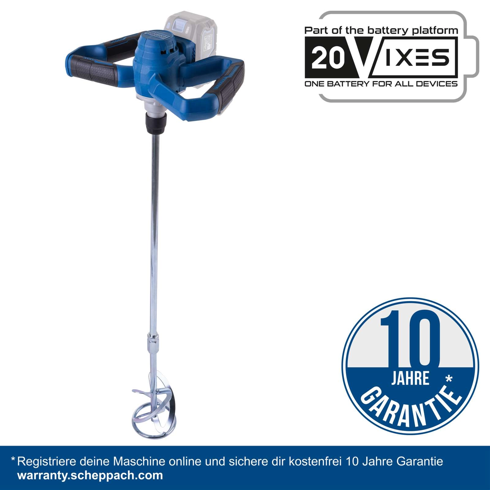 Akku Farb- und Mörtelrührwerk BC-PMX100-X Scheppach - 20V | max. 650min-1 Drehzahlregulierung | 100mm Rührdurchmesser | inkl. Akku & Ladegerät