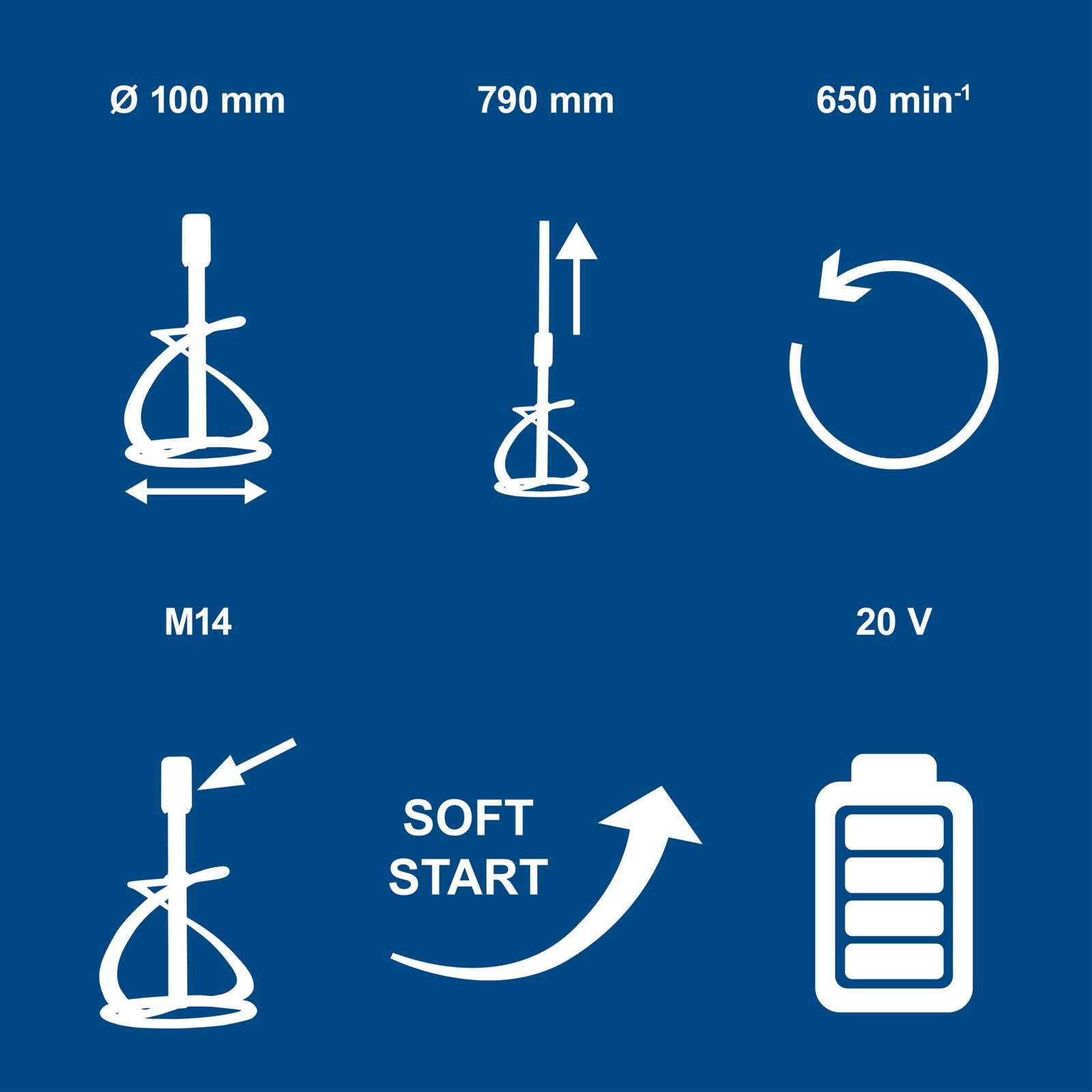 Akku Farb- und Mörtelrührwerk BC-PMX100-X Scheppach - 20V | max. 650min-1 Drehzahlregulierung | 100mm Rührdurchmesser | inkl. Akku & Ladegerät
