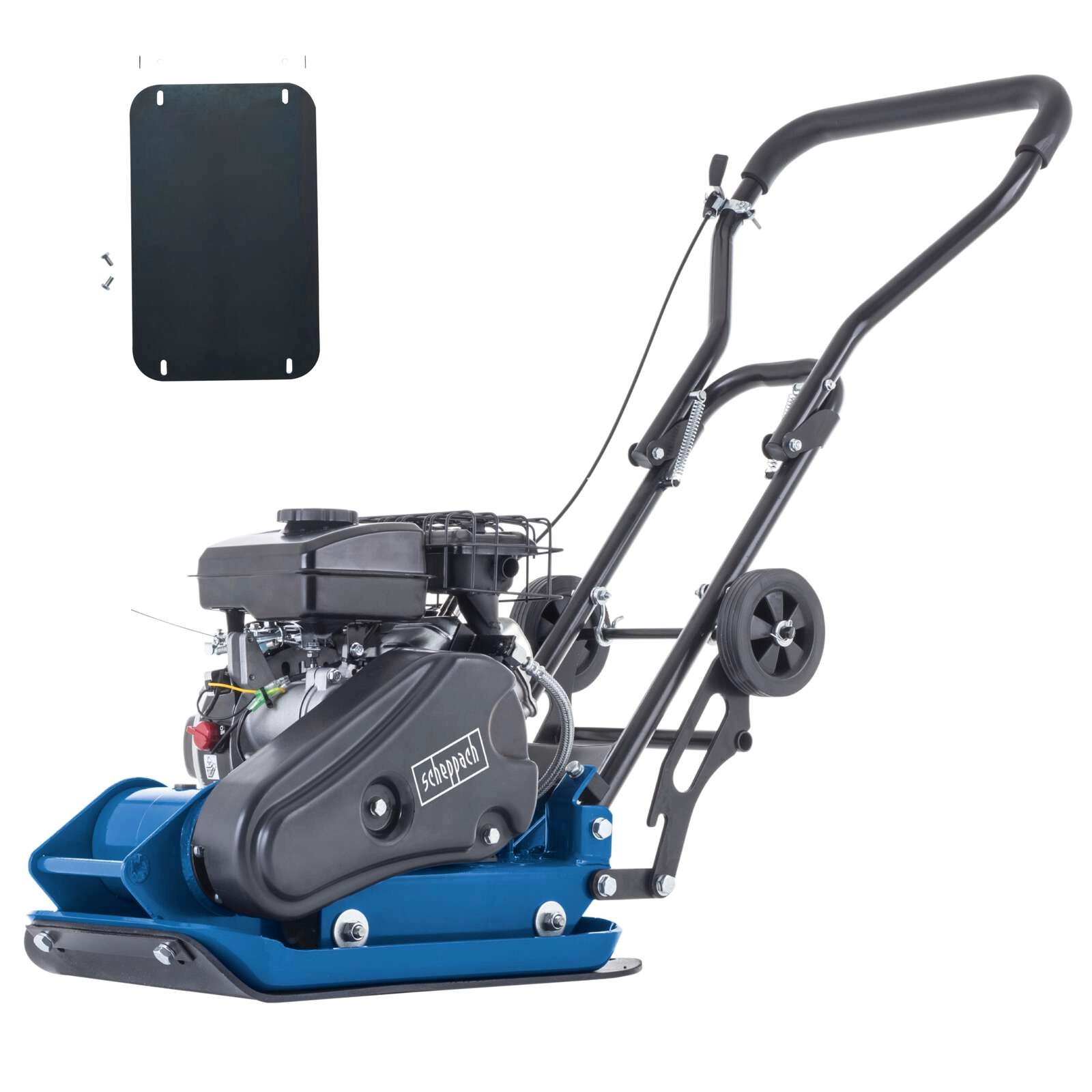 Benzin Rüttelplatte HP1400S Scheppach - 2PS | 8,2kN Verdichtungsdruck | 20cm Verdichtungstiefe | inkl. Gummimatte und Fahrvorrichtung