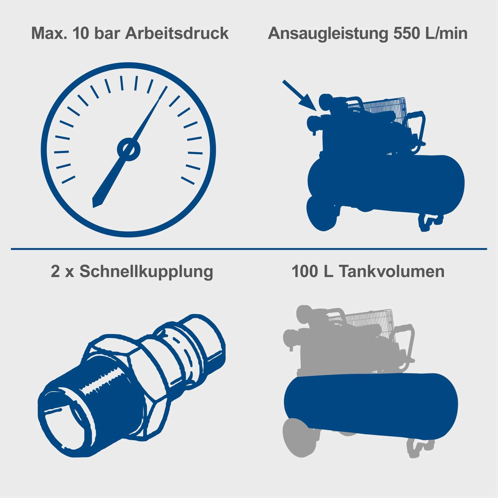 Kompressor HC550TC 230V Scheppach - 10bar | 100L | 3PS | 550L/min Ansaugleistung | Fahrvorrichtung