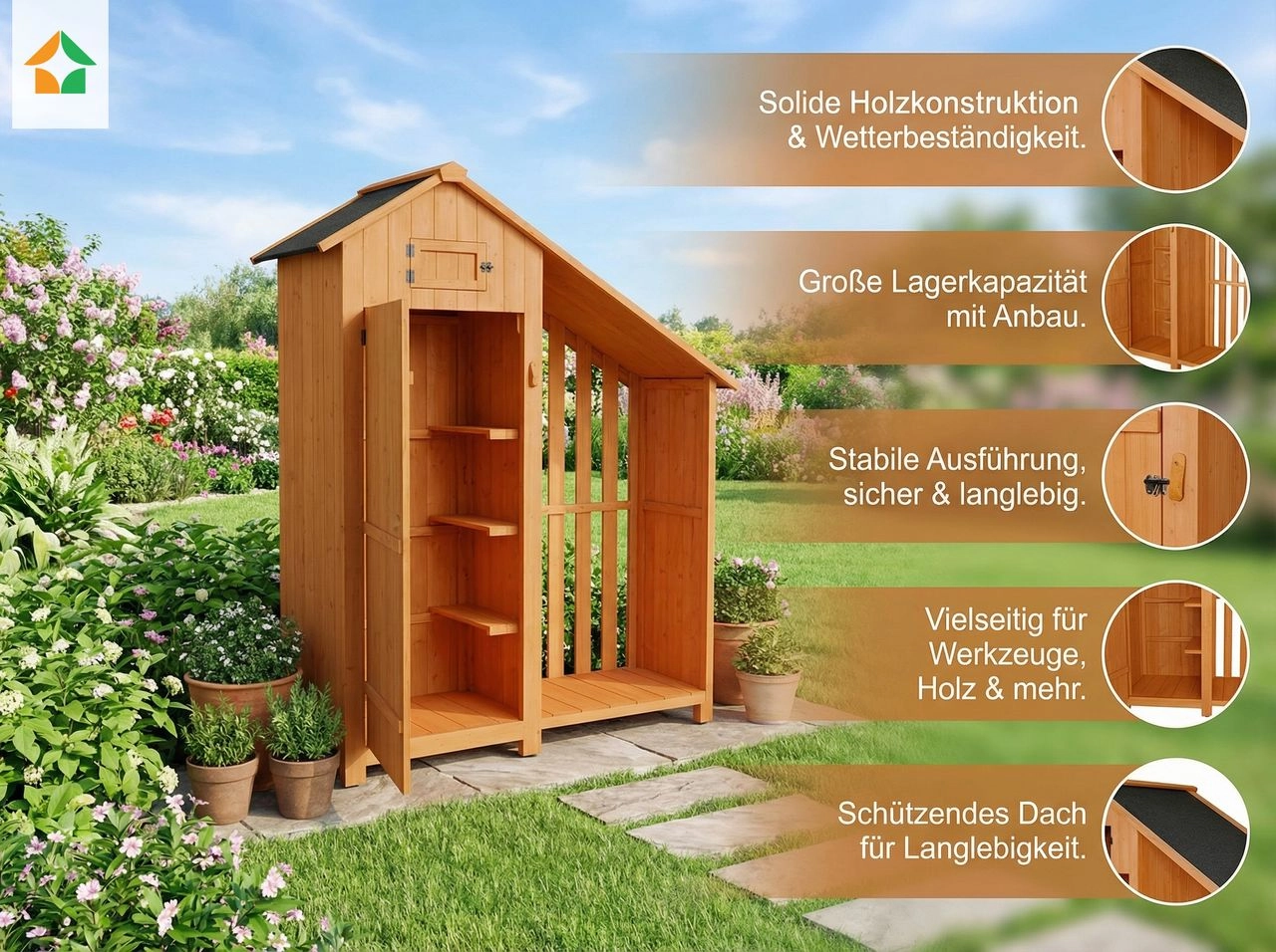 Prestige Home Living Outdoor Werkzeugschrank aus Holz mit Anbau, ca. 131 x 54 x 180 cm, braun