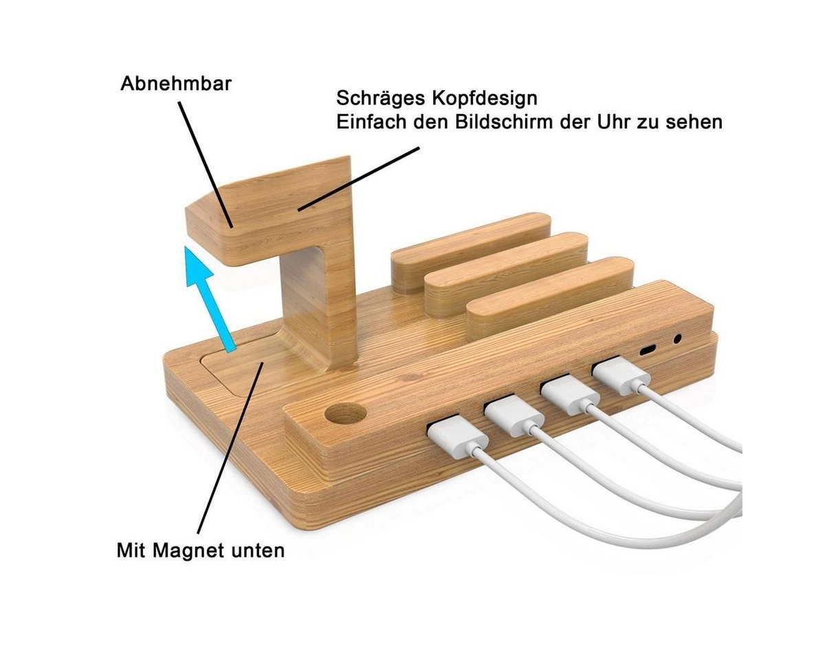 Cadorabo Docking Station - Ladestation aus Echtholz Bambus - Power Station Plattform mit integrierter USB Multischnittstelle für alle Smartphones und Smartwatches von z.B. Apple, Samsung, Nokia