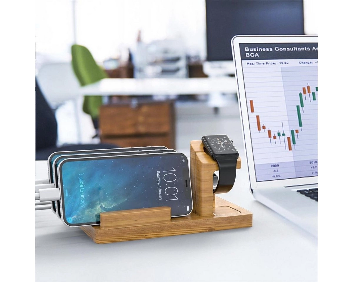 Cadorabo Docking Station - Ladestation aus Echtholz Bambus - Power Station Plattform mit integrierter USB Multischnittstelle für alle Smartphones und Smartwatches von z.B. Apple, Samsung, Nokia