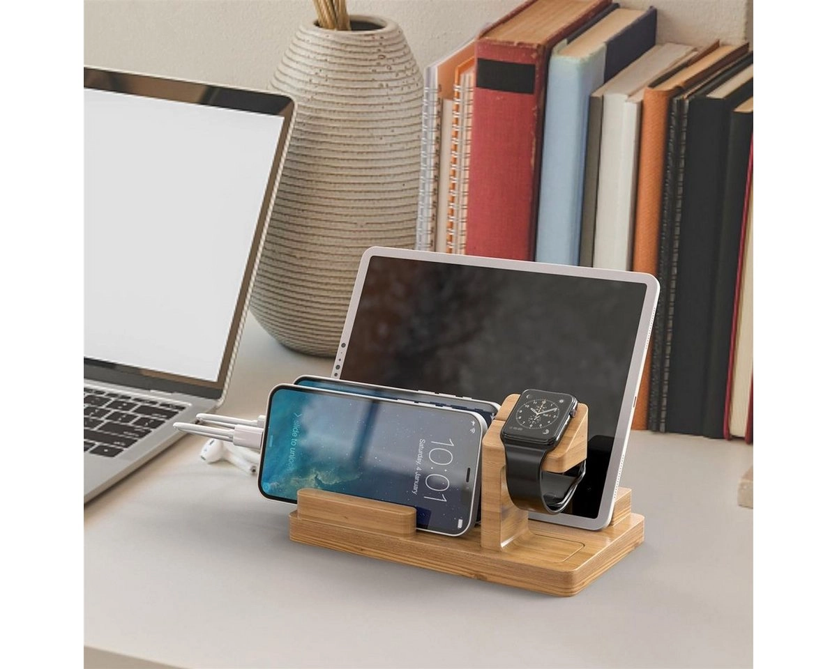 Cadorabo Docking Station - Ladestation aus Echtholz Bambus - Power Station Plattform mit integrierter USB Multischnittstelle für alle Smartphones und Smartwatches von z.B. Apple, Samsung, Nokia