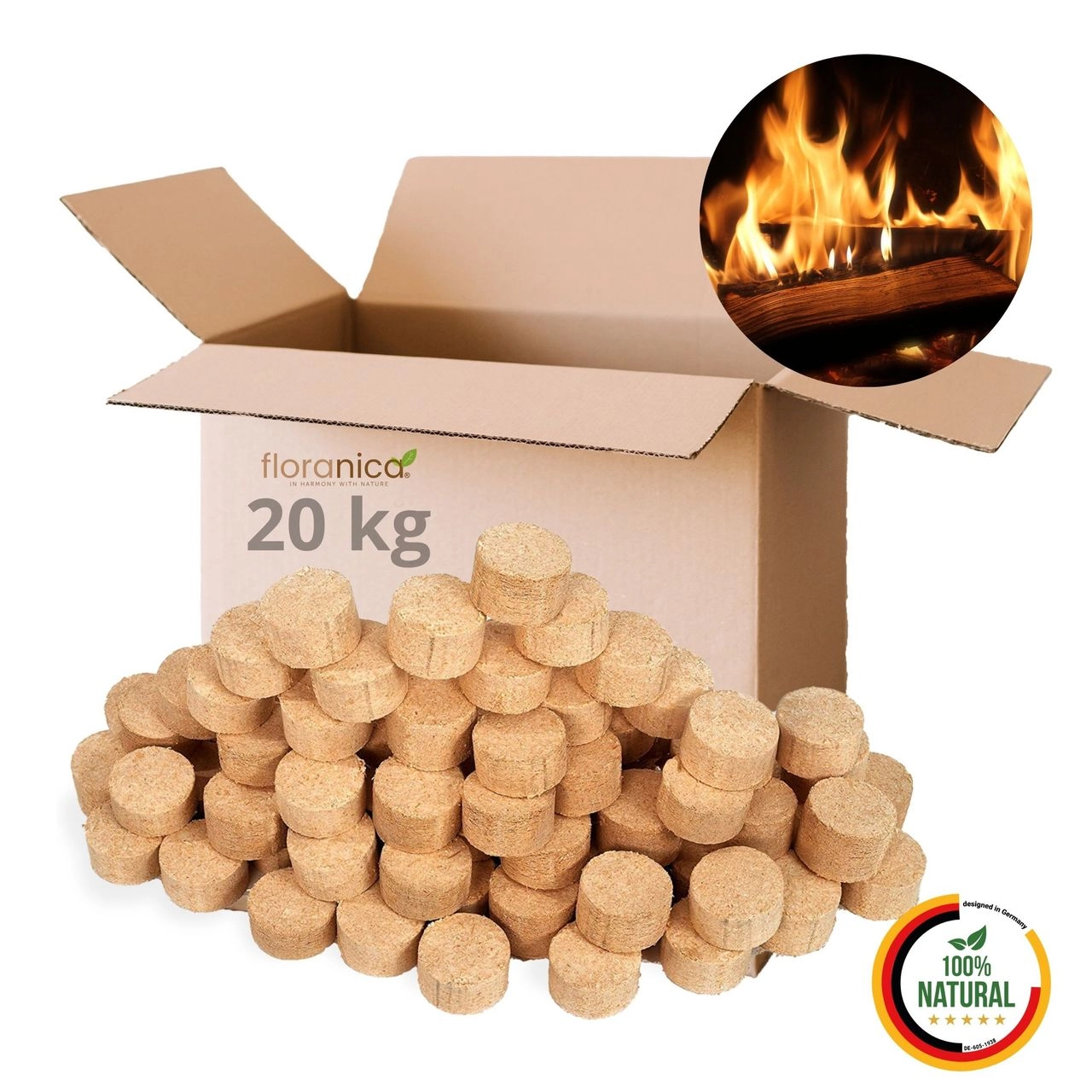 Floranica Holzbriketts 100% Gepresste Rundholzbriketts 20kg im Karton Brikett Hohe Brennwert Raucharm