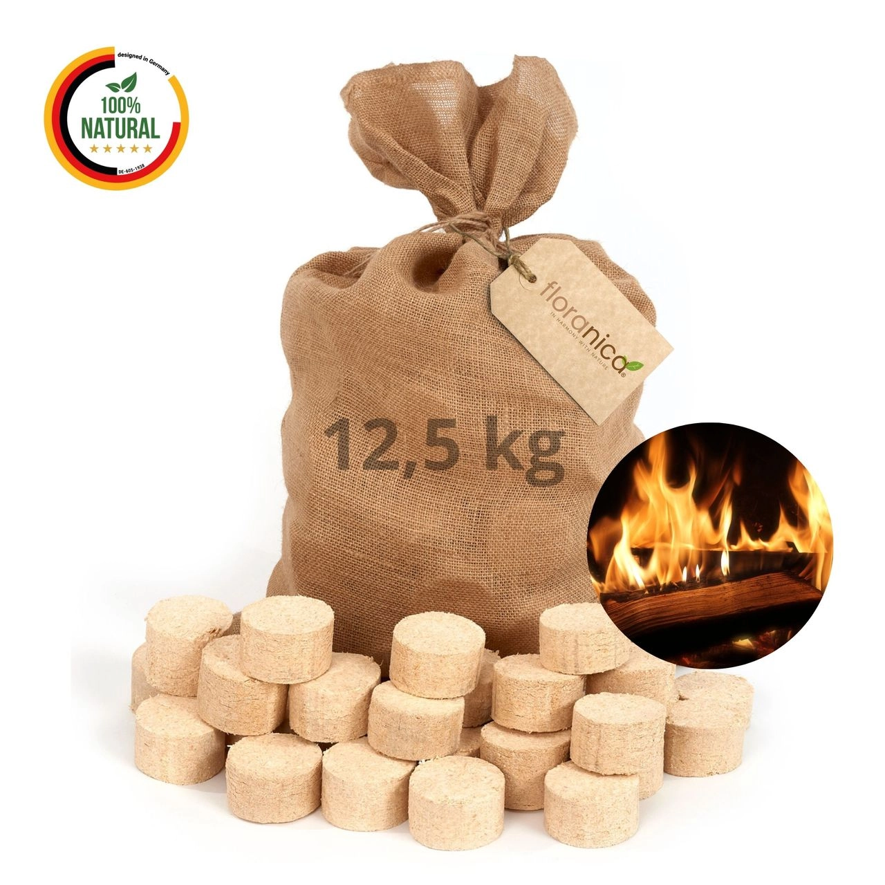 Floranica Holzbriketts 100% Gepresste Rundholzbriketts 12,5kg im Jutesack Brikett Hohe Brennwert Raucharm