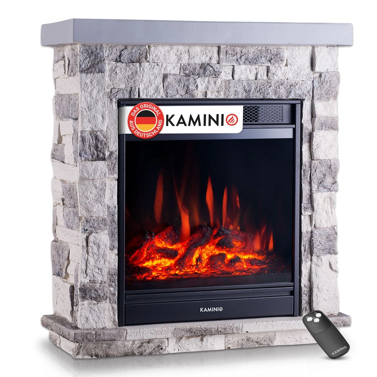 KAMINIO KAMINIO Elektrokamin JUAN - Elektrischer Standkamin in Steinoptik - Grau