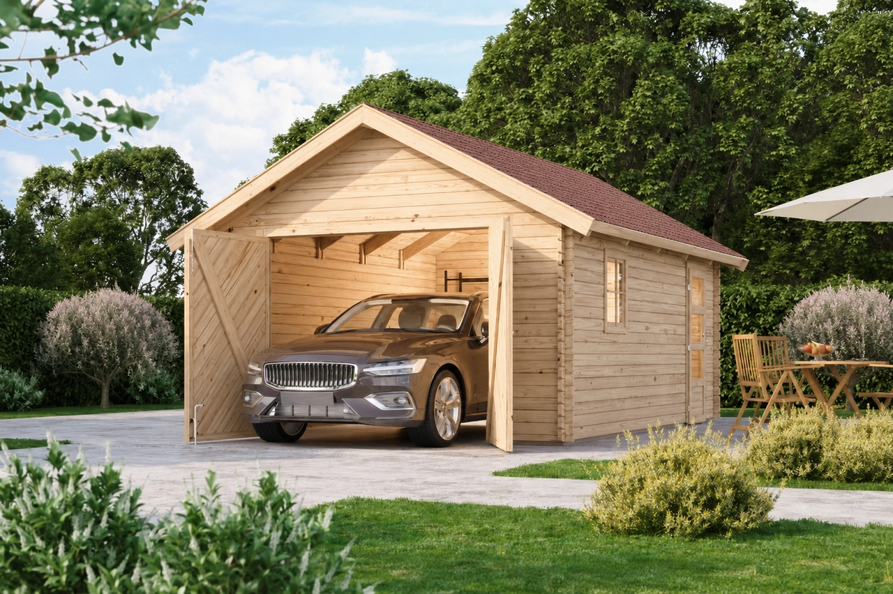 Karibu Blockhausgarage mit Tor inkl. Schindeln
