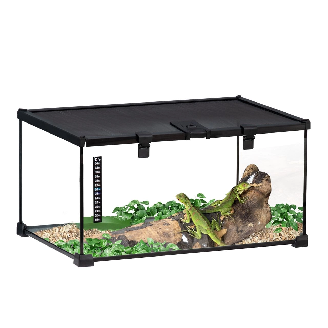 PawHut Terrarium für Reptilien Glasterrarium mit Thermometer Metall 50x30x25cm