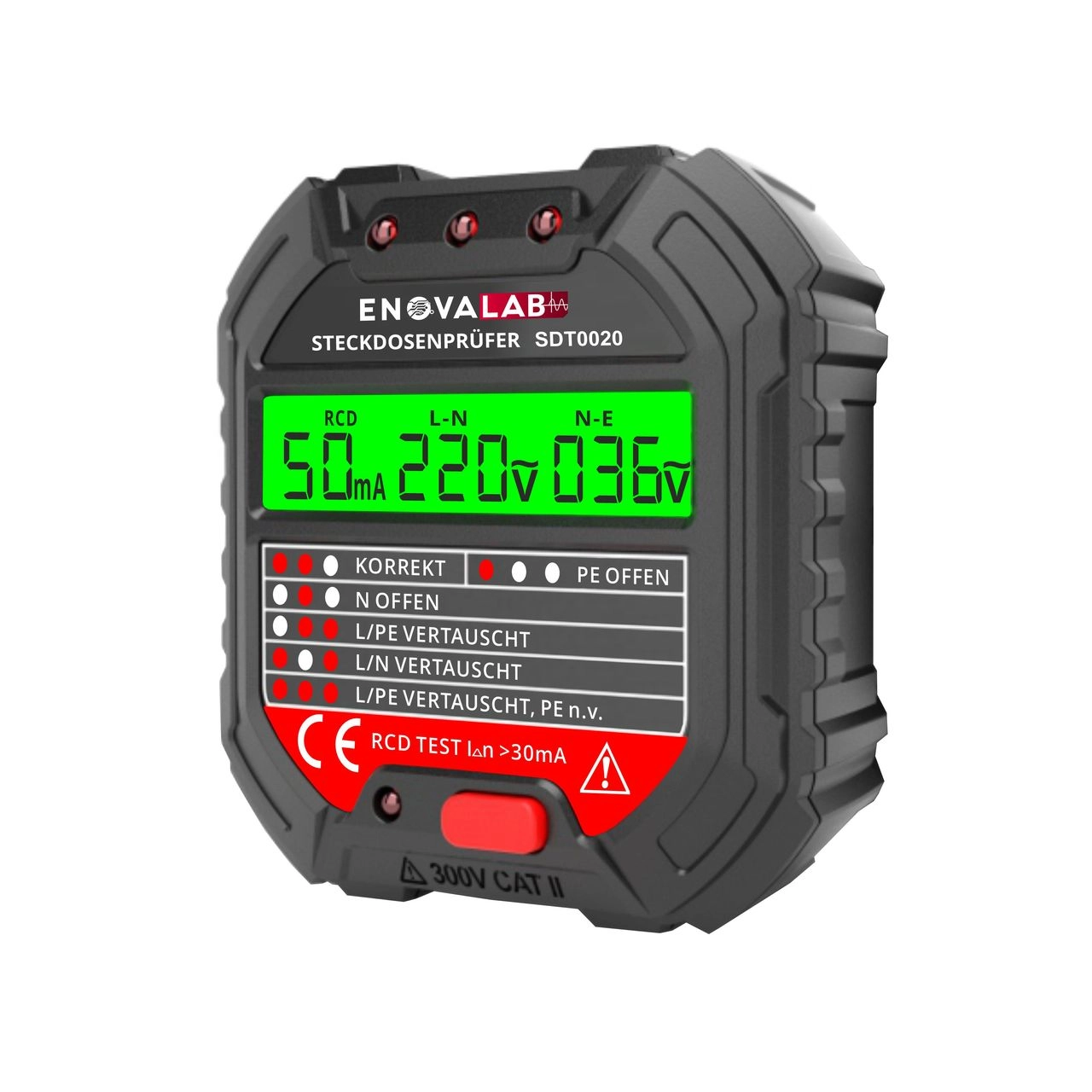 ENOVALAB Steckdosentester SDT0020 mit RCD-Prüfung und umfangreichen LCD Display