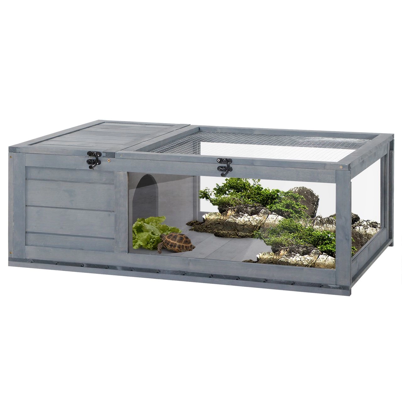 PawHut Schildkrötenhaus aus Holz Schildkrötengehege mit Haupthäusern Reptilienkäfig