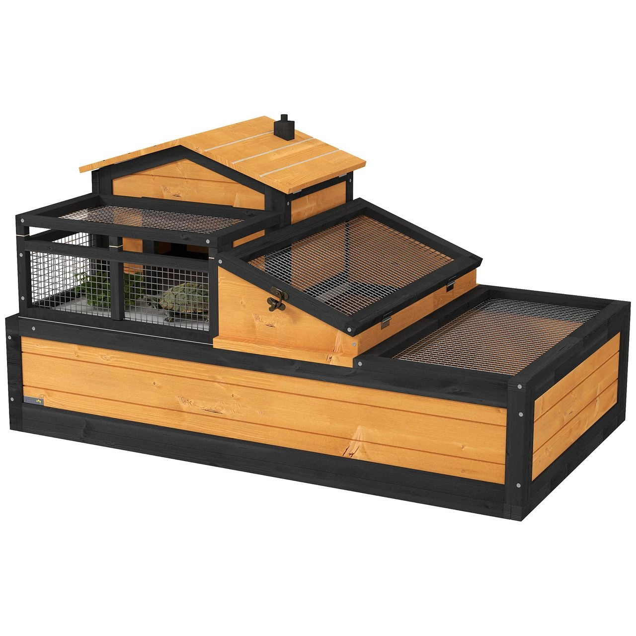 PawHut Schildkrötenhaus aus Holz, Schildkrötengehege mit zwei Ebenen, Balkon, Gelb
