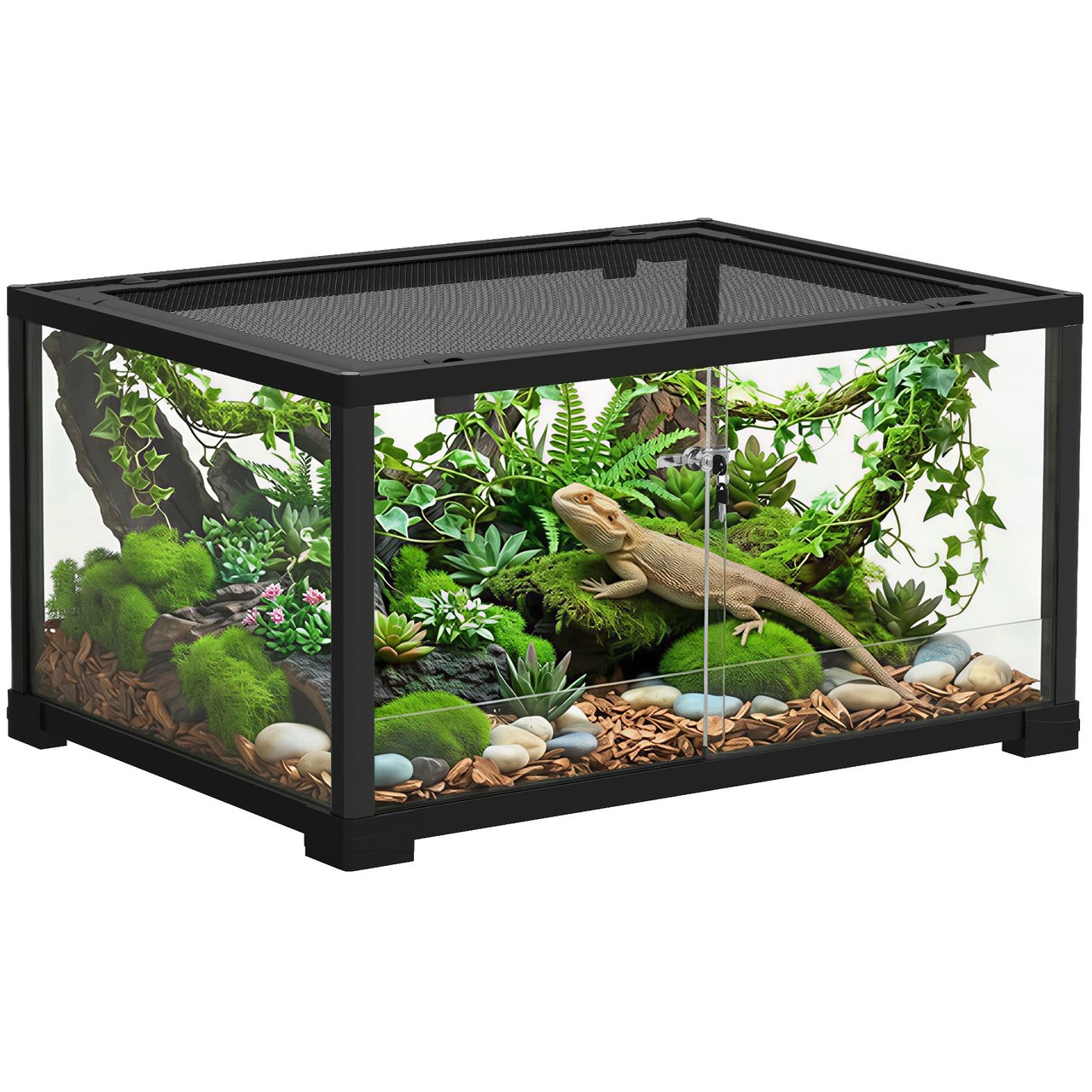 PawHut Terrarium für Reptilien Glasterrarium Reptil Fütterungsbox mit Schiebetür