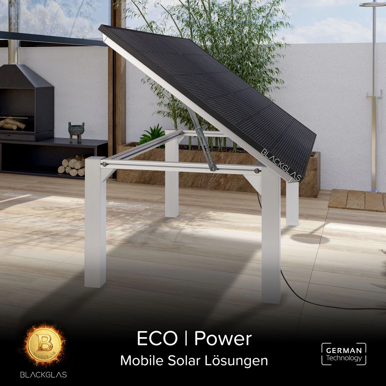 BLACKGLAS SolarTisch ECOpower 445Wp, 7-stufig verstellbar, 80x80mm Tischbeine ohne Rollen