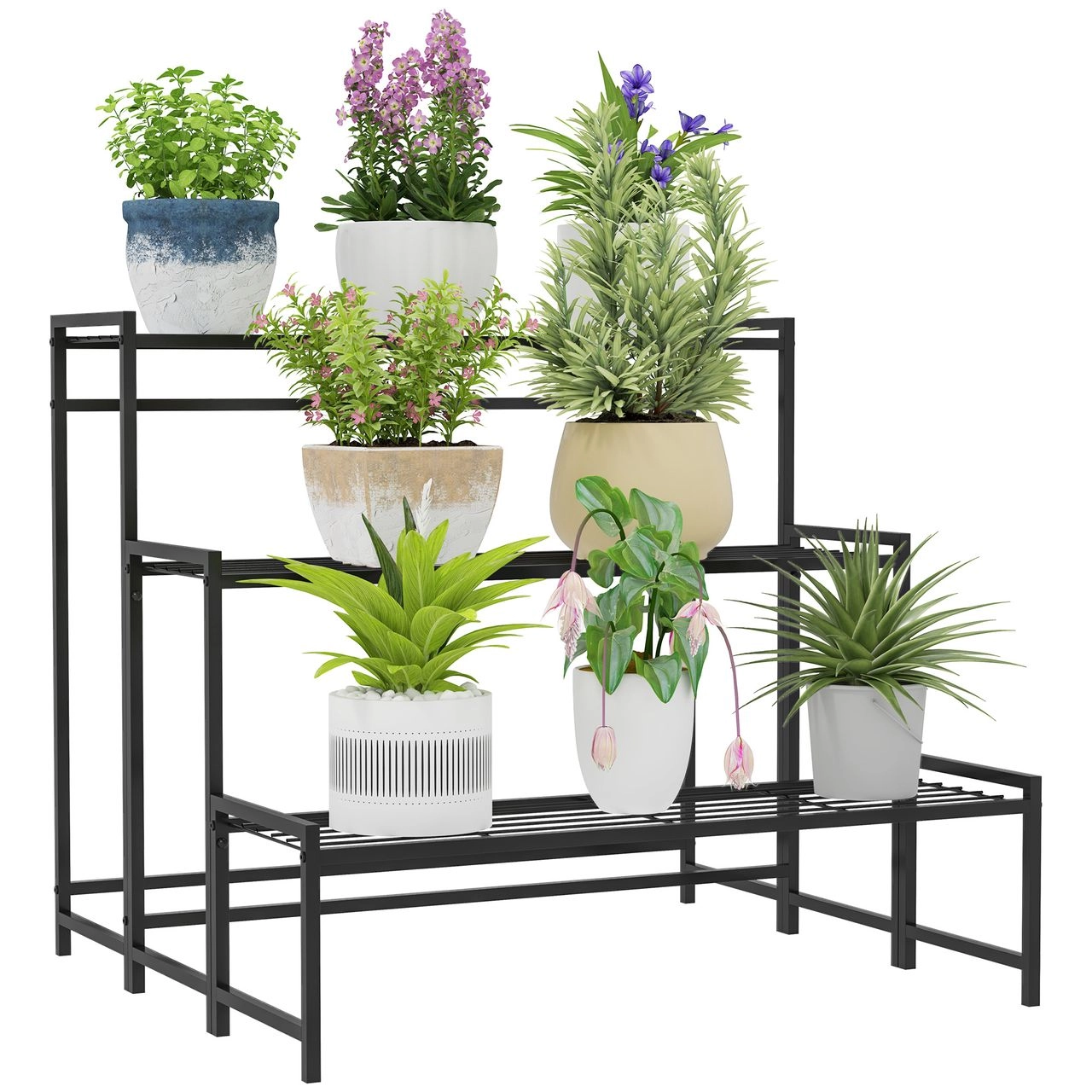Outsunny 3-Etagen Pflanzenständer, Blumenständer für Innen Außen, Pflanzenregal Schwarz