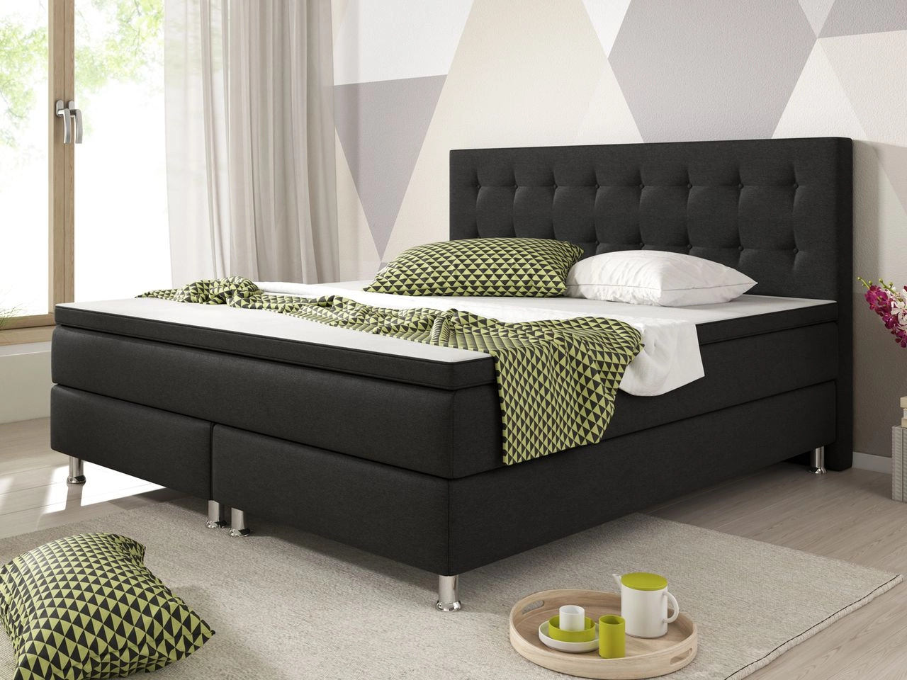 IHG Boxspringbett Köln 180x200 Webstoff Schwarz