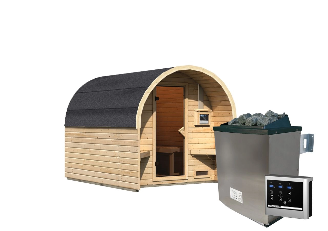 Karibu Fasshaus Dömitz A Finnisch 9,0 kW Ofen + Steuergerät Easy Finnisch
