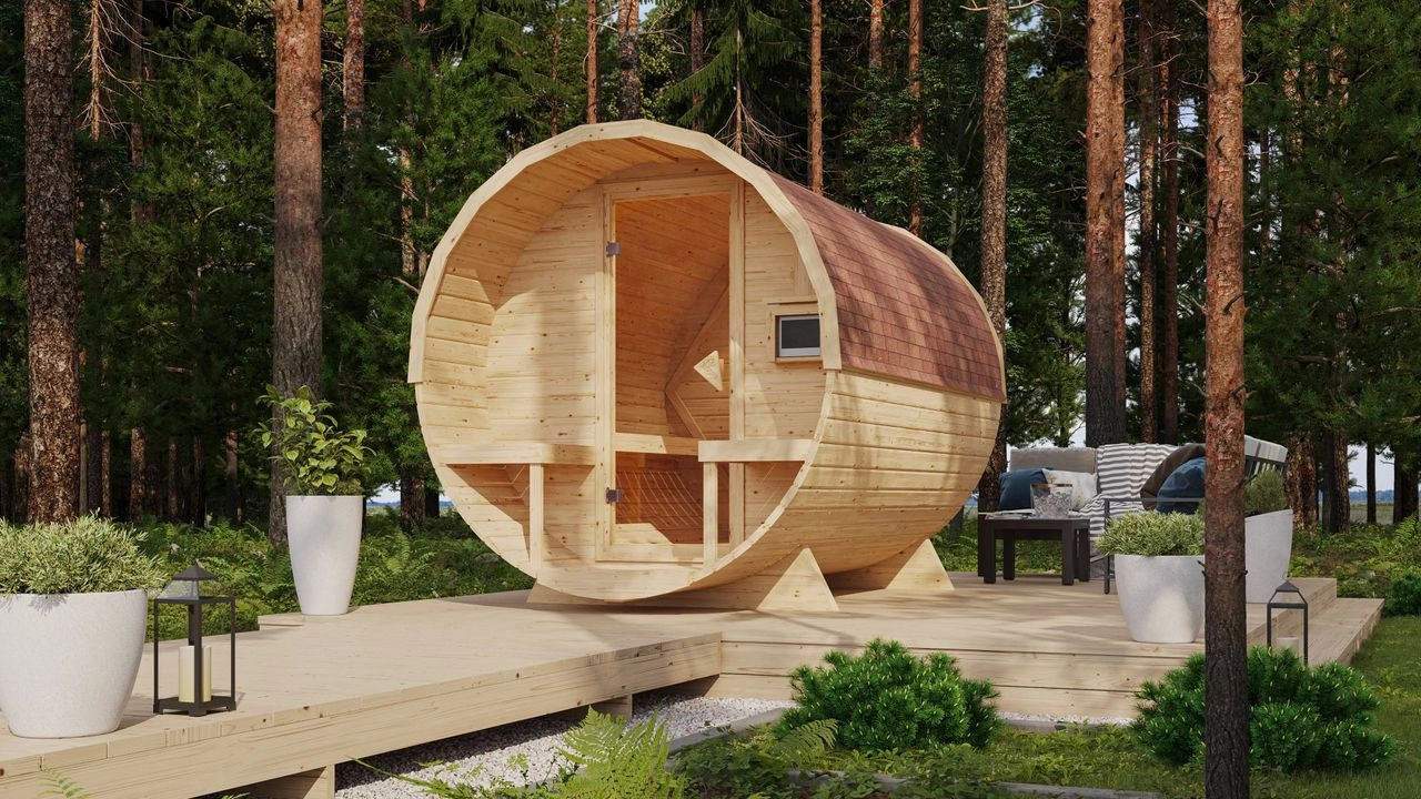 Karibu Fasssauna Libo 2 + 9 KW Ofen mit integrierter Steuerung - Made in Germany