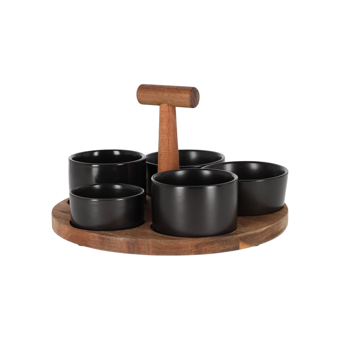 Jens Living JENS Living Bits & Bites Bo Groß – Serviertablett aus Akazienholz mit 5 schwarzen Keramikschalen