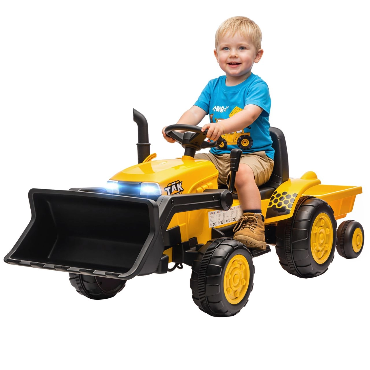 AIYAPLAY Kinder Elektro Bagger mit Anhänger, Schaufel 12V Aufsitzbagger mit Fernbedienung