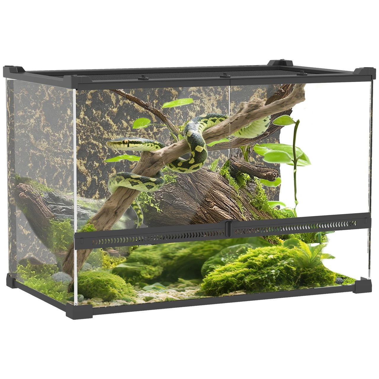 PawHut Terrarium für Reptilien Glasterrarium 48L mit Frontbelüftung Steinrückwand