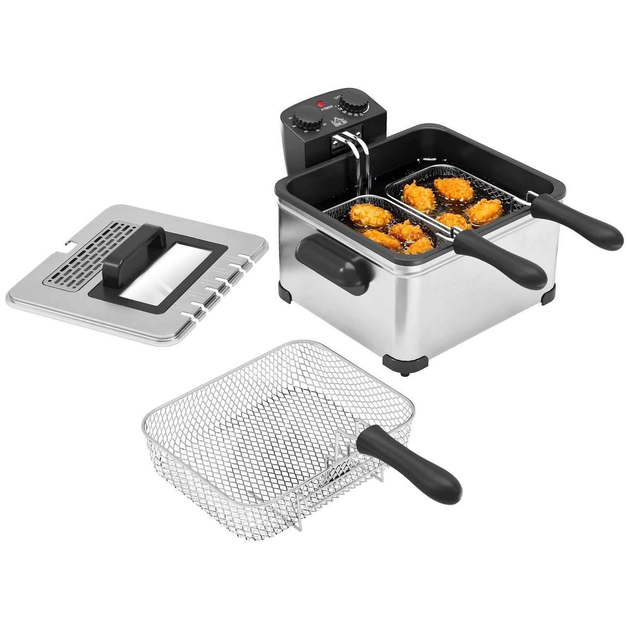 HOMCOM Fritteuse mit 5L Kapazität, Einstellbare Temperatur &amp; Timer, Sichtfenster, 2000W