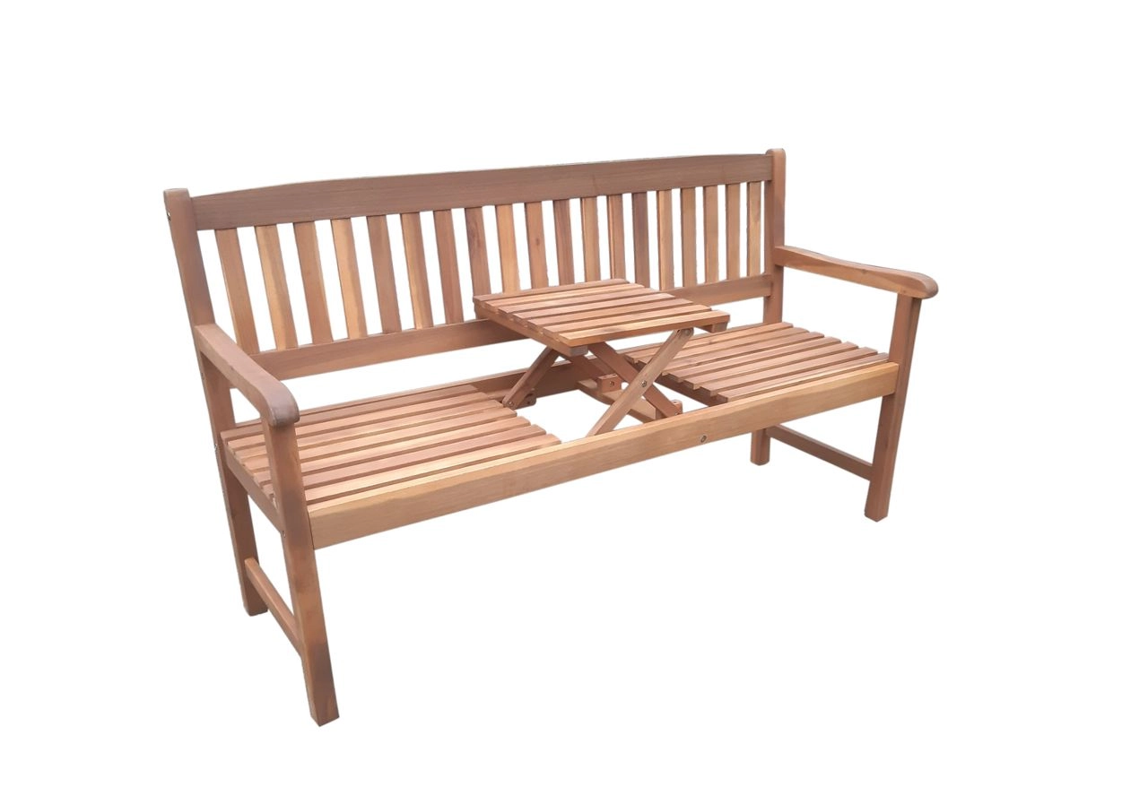 CHILLROI 2-Sitzer Gartenbank mit hochklappbarem Tisch aus Akazienholz, ca. 153 x 57 x 88 cm - Braun