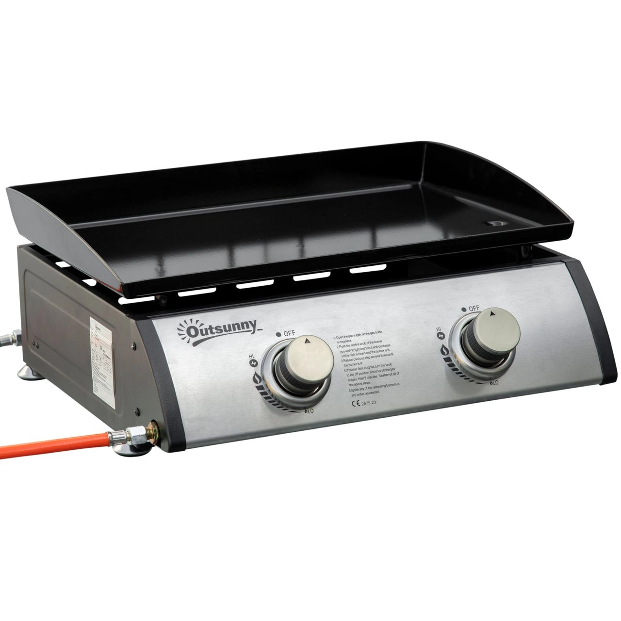 Outsunny Tischgrill Gasgrill BBQ mit 2 Brennern, Tischgasgrill mit Schlauch