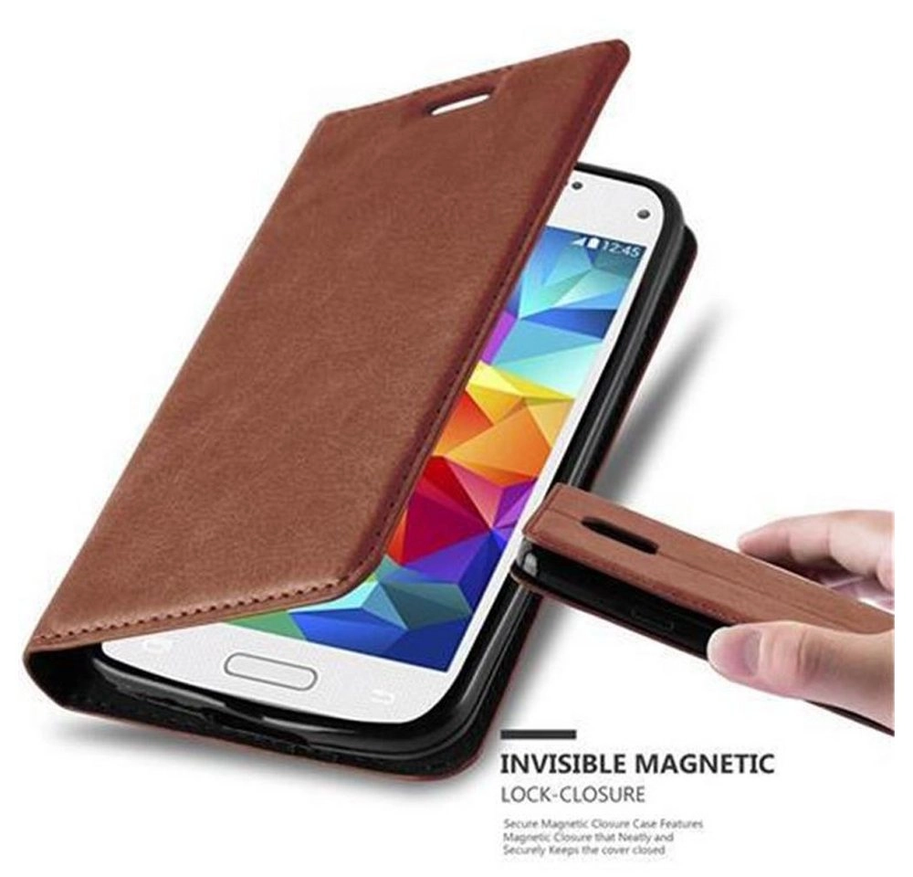 Cadorabo Hülle für Samsung Galaxy S5 MINI / S5 MINI DUOS in CAPPUCCINO BRAUN Handyhülle mit Magnetverschluss, Standfunktion und Kartenfach Case Cover Schutzhülle Etui Tasche Book Klapp Style