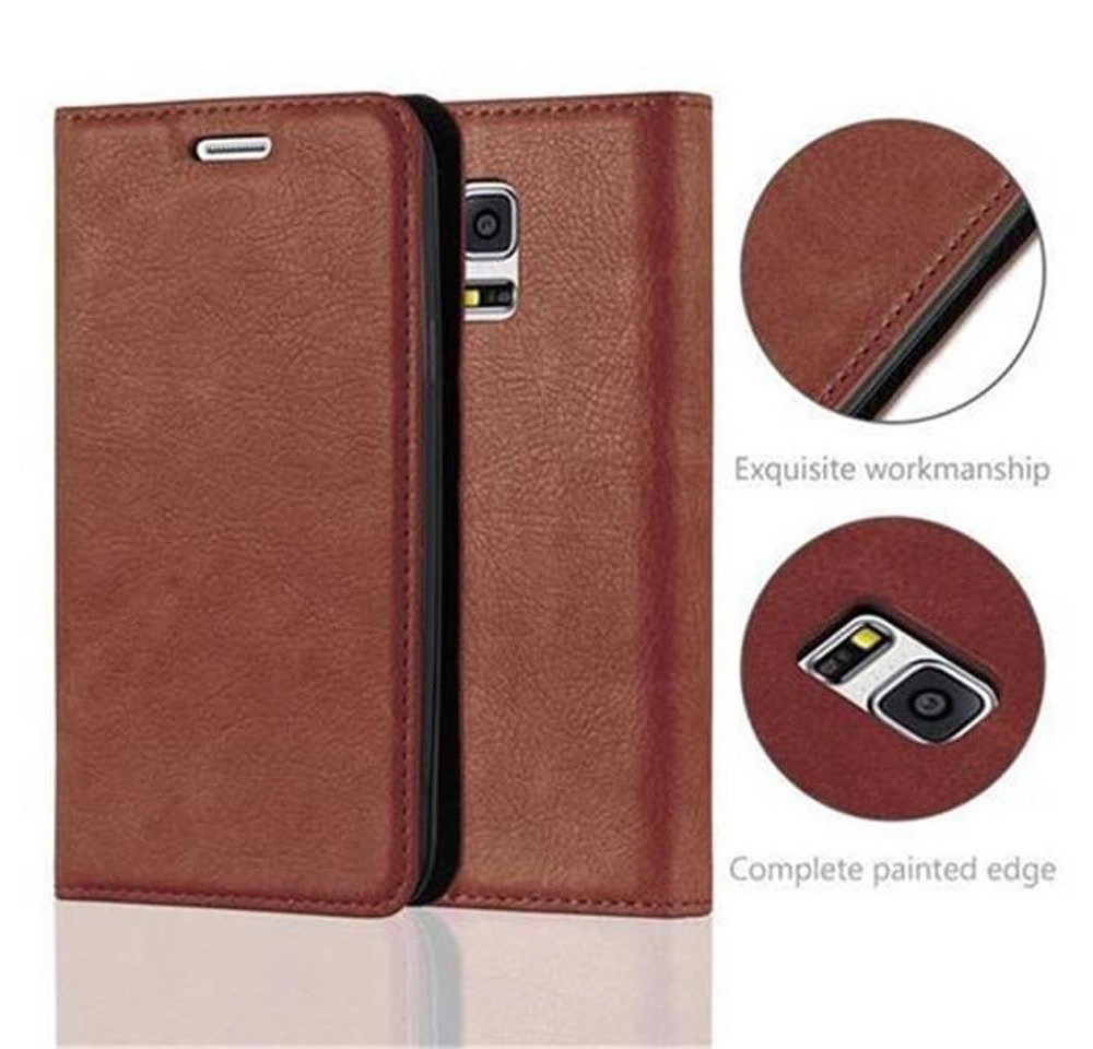 Cadorabo Hülle für Samsung Galaxy S5 MINI / S5 MINI DUOS in CAPPUCCINO BRAUN Handyhülle mit Magnetverschluss, Standfunktion und Kartenfach Case Cover Schutzhülle Etui Tasche Book Klapp Style