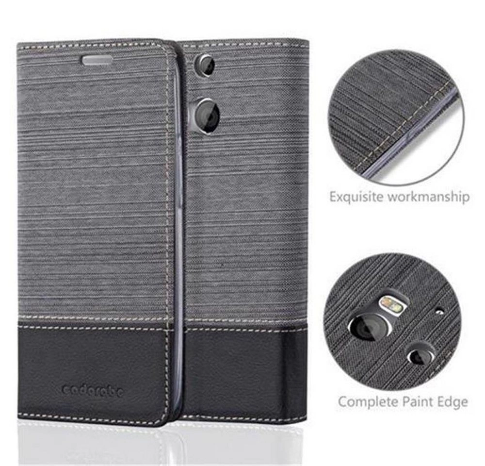 Cadorabo Hülle für HTC ONE M8 in GRAU SCHWARZ Handyhülle mit Magnetverschluss, Standfunktion und Kartenfach Case Cover Schutzhülle Etui Tasche Book Klapp Style