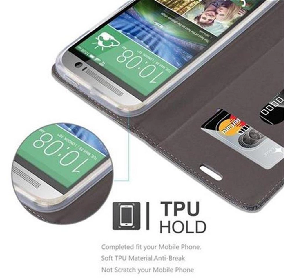 Cadorabo Hülle für HTC ONE M8 in GRAU SCHWARZ Handyhülle mit Magnetverschluss, Standfunktion und Kartenfach Case Cover Schutzhülle Etui Tasche Book Klapp Style