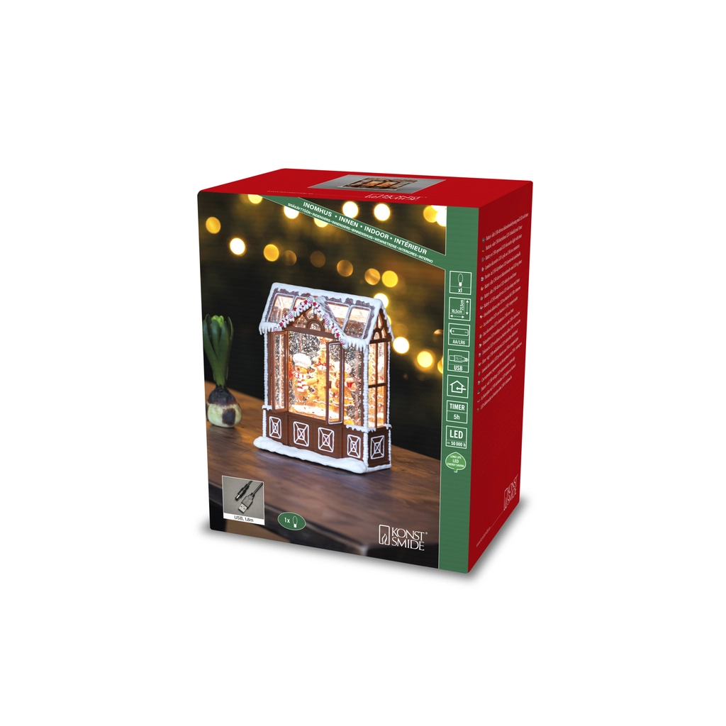 KONSTSMIDE LED Wasserlaterne Lebkuchenhaus, braun, 5h Timer, 1 ww Diode, Batterie: 3xAA 1,5V (exkl.), Innen