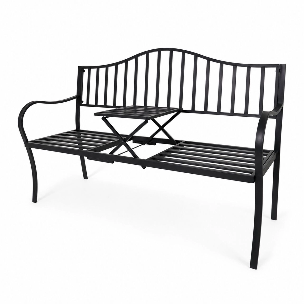 Lemodo Gartenbank mit Tisch klappbar aus Metall Schwarz für Balkon und Terrasse