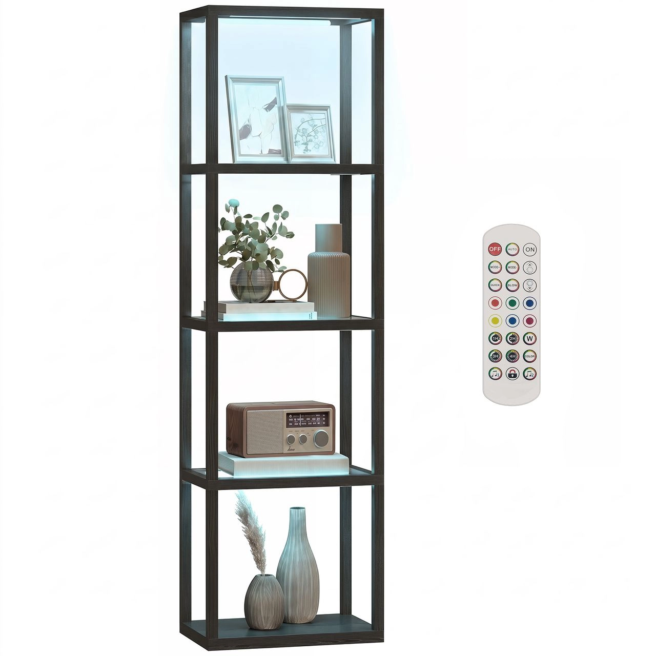 HOMCOM RGB Stehlampe mit Glasregalen, 4-Ebenen-LED-Stehleuchte mit Fernbedienung