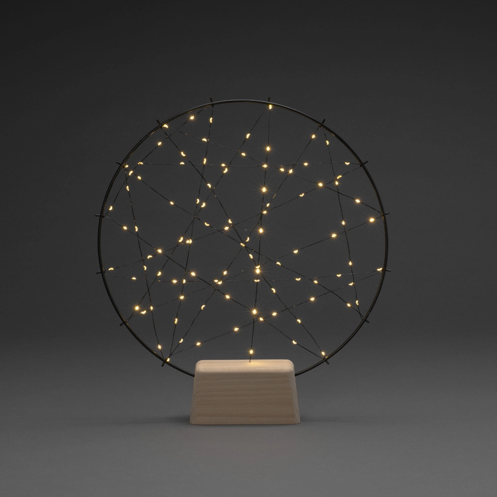 KONSTSMIDE LED Metallsilhouette "Ring", Holz-Fuß, Dimmer, 100 bernsteinfarbene Dioden, 4,5V, Innen, 2W