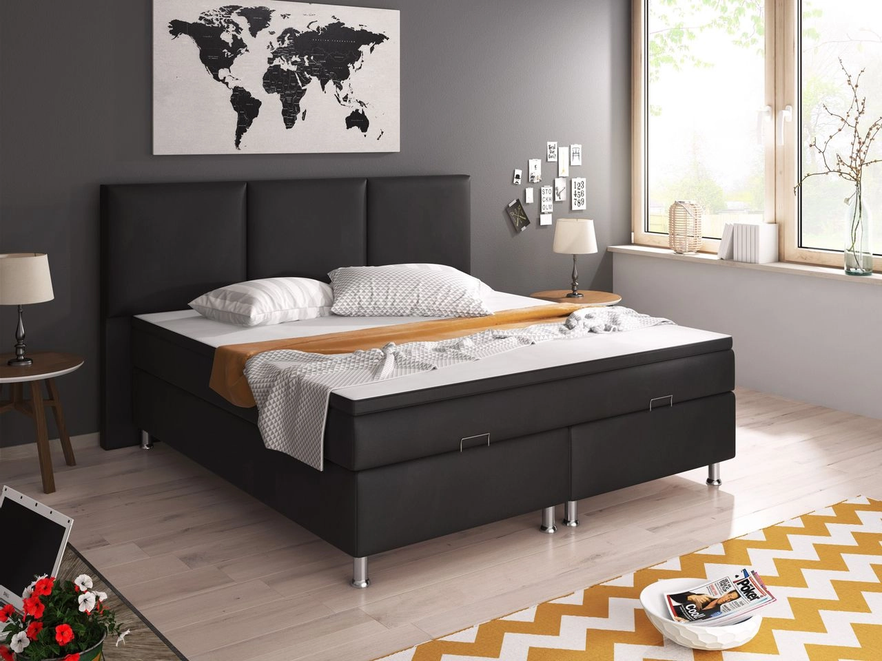 IHG Boxspringbett Oslo mit Bettkasten 180x200 cm Kunstleder Schwarz