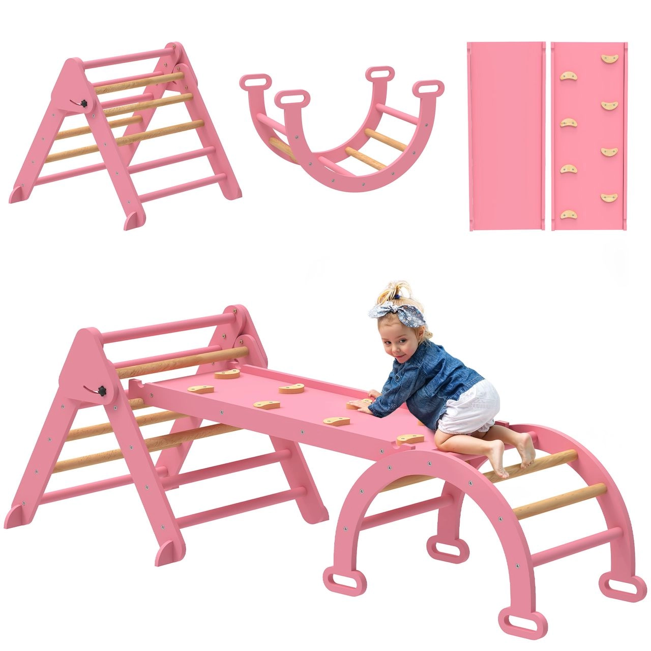 AIYAPLAY Klettergerüst Indoor, 7 in 1 klappbar Kletterdreieck mit Rutsche, Kletterbogen