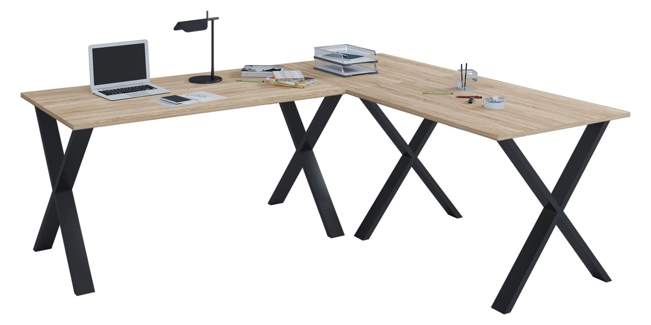 VCM Eck-Schreibtisch "Lona" 160x130x50 X-Füße Sonoma-Eiche/Schwarz